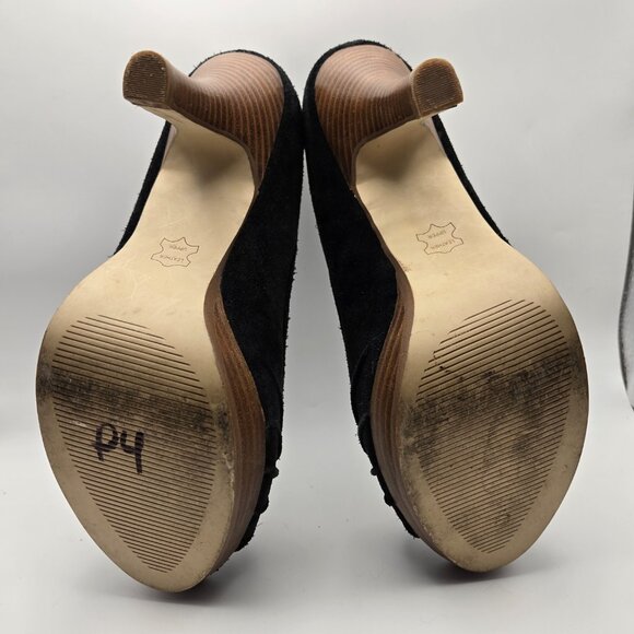 Steve Madden Black Suede Peep Toe Heels 8M Black Upper Brown Balance - Picture 7 of 13